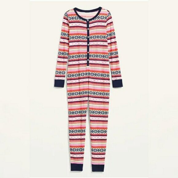 Old Nay Multicolored Patterned Holiday Winter Waffle-Knit One-Piece Pajamas - Picture 2 of 7